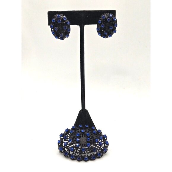 Antique Deco Czech Black and Blue Brooch and Matching Clip Earrings Japanned - Picture 6 of 6